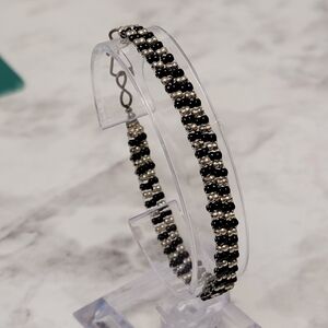 Black & Silver Micro‎ Seed Bead Bracelet Hook Closure 7" Boho Bohemian Costume